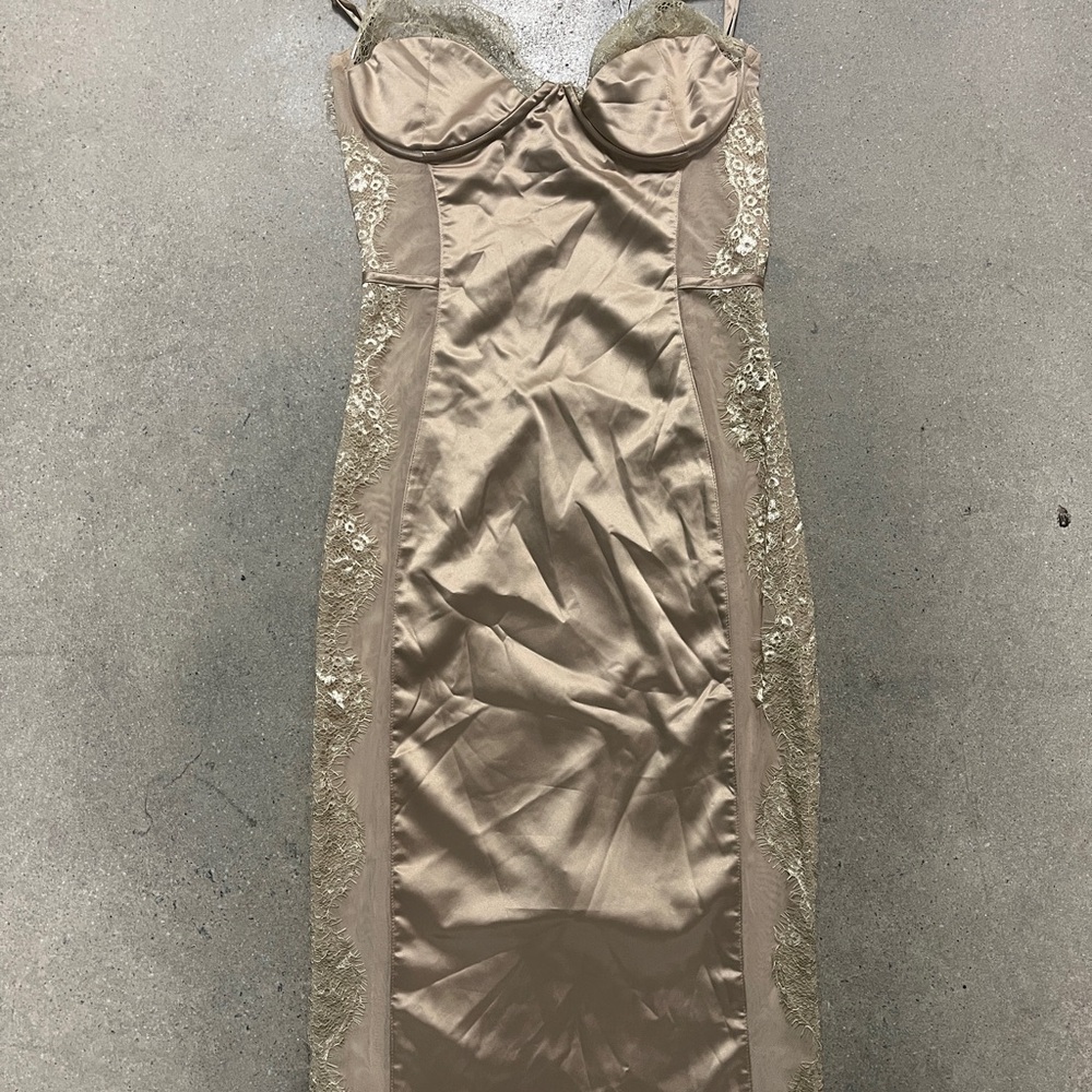 Oh Polly Champagne Satin Midi Dress with Lace Trim
